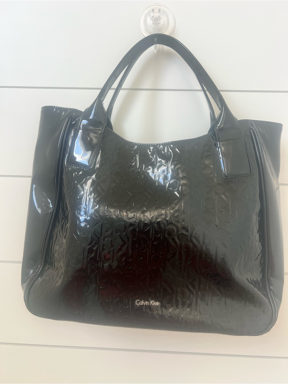 Calvin Klein Glossy Black Embossed Logo Tote